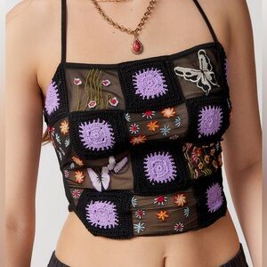 Urban Outfitters Black Crop Top with Purple and Multicolor Embroidery